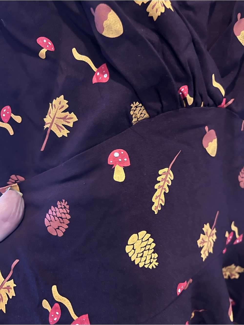 Unique Vintage Dress Brown pinecones, Mustard Leaf Print - Picture 5 of 5